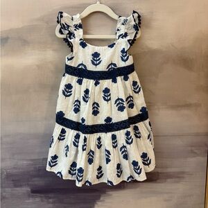 Floral Ruffle Sleeve Girls Dress White and Navy Blue Lace Trim